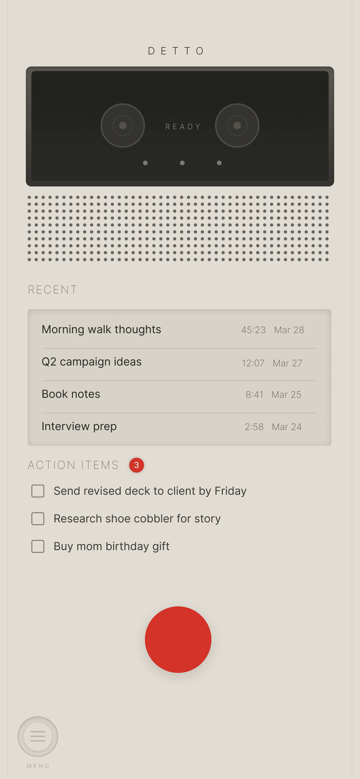 Detto app showing tape deck recorder interface with recent recordings and action items